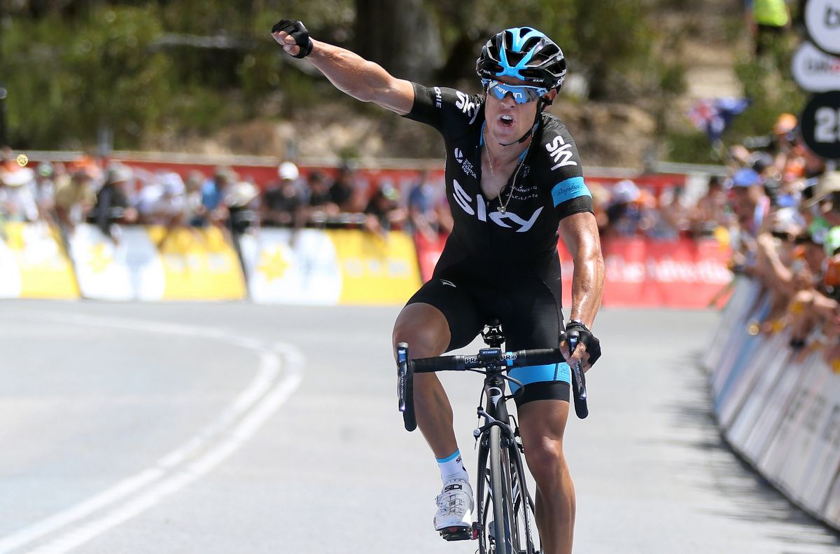 Richie Porte punches the air following his stage win on Willunga Hill but couldn't find the two seconds he needed to claim overall victory