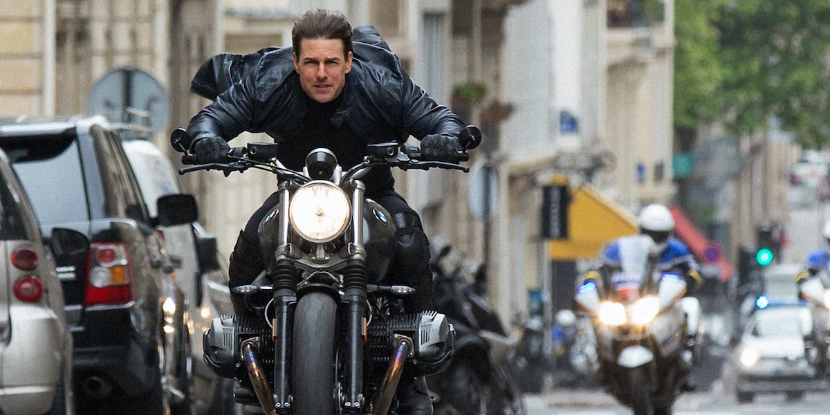 Tom Cruise on a motorcycle in Mission: Impossible Fallout