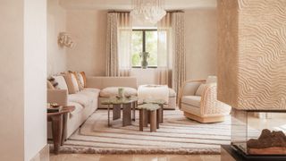 Cream living room with textured central fireplace, cream corner sofa, green armchair and wood and green marble coffee table