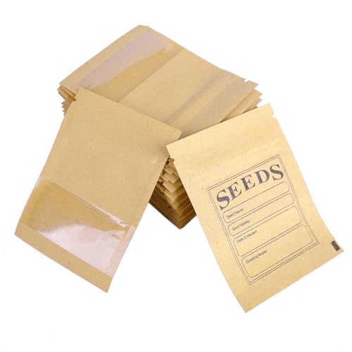 Waccomt Pack 100pcs Small Resealable Bags Seed Envelopes With Clear Window 2.75x3.74 Inch Brown Zipper Lock Kraft Paper Seed Packets Coin Envelopes for Flower Vegetable Plants Garden Storage