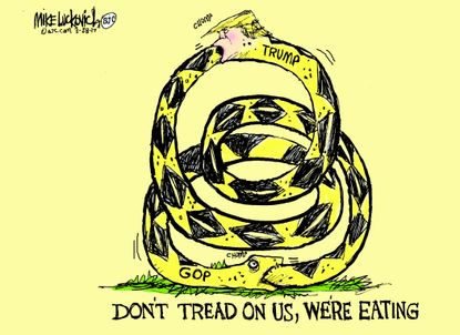 Political Cartoon U.S. Don't tread on me GOP Trump destroy each other cycle