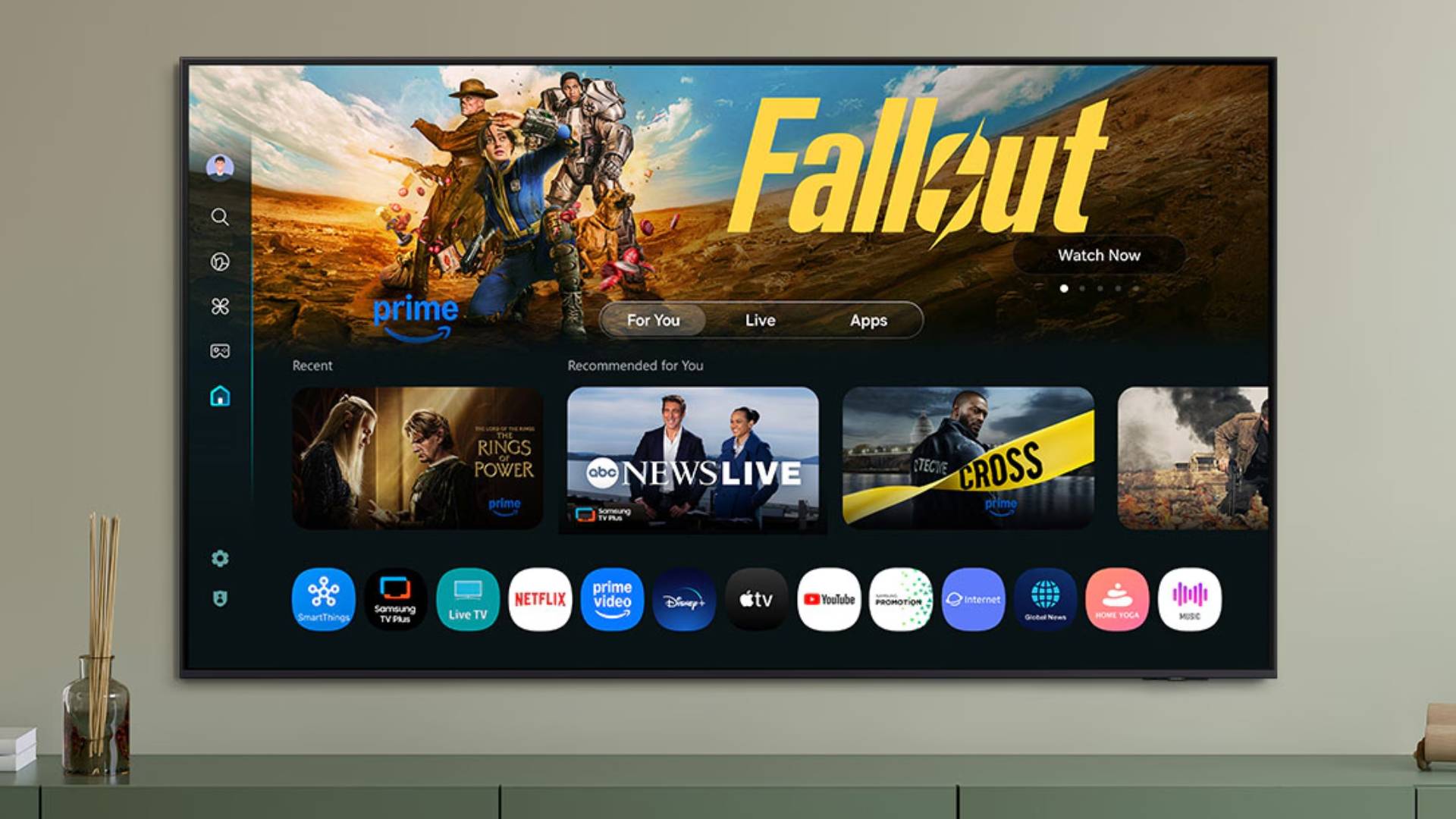 Samsung S84F OLED TV on wall with Amazon Prime Video open and Fallout selected.