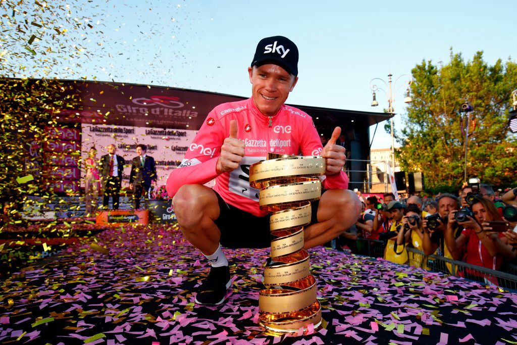 Chris Froome (Team Sky) with the Giro trophy