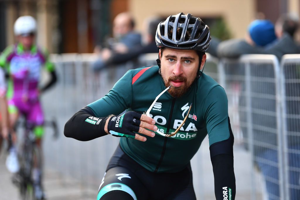 MADONNA DI CAMPIGLIO ITALY OCTOBER 21 Arrival Peter Sagan of Slovakia and Team Bora Hansgrohe during the 103rd Giro dItalia 2020 Stage 17 a 203km stage from Bassano del Grappa to Madonna di Campiglio 1514m girodiitalia Giro on October 21 2020 in Madonna di Campiglio Italy Photo by Stuart FranklinGetty Images