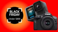 Black Friday deals under $800 with GoPro and Canon Camera depicted on a orange background