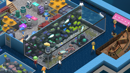 An image showing one of the large new vista tanks in Megaquarium. Viewed from an isometric perspective, bobble-headed people wander around its exterior as white fish with blue patterning swin around inside.