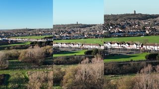 DJI Flip sample images cropped to show standard and 2x and 3x digital zooms of a field and houses and hill behind with a water tower on it