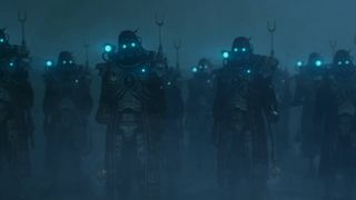 Darktide Skitarii warriors looking at camera in cutscene