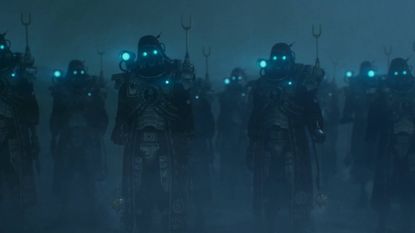 Darktide Skitarii warriors looking at camera in cutscene