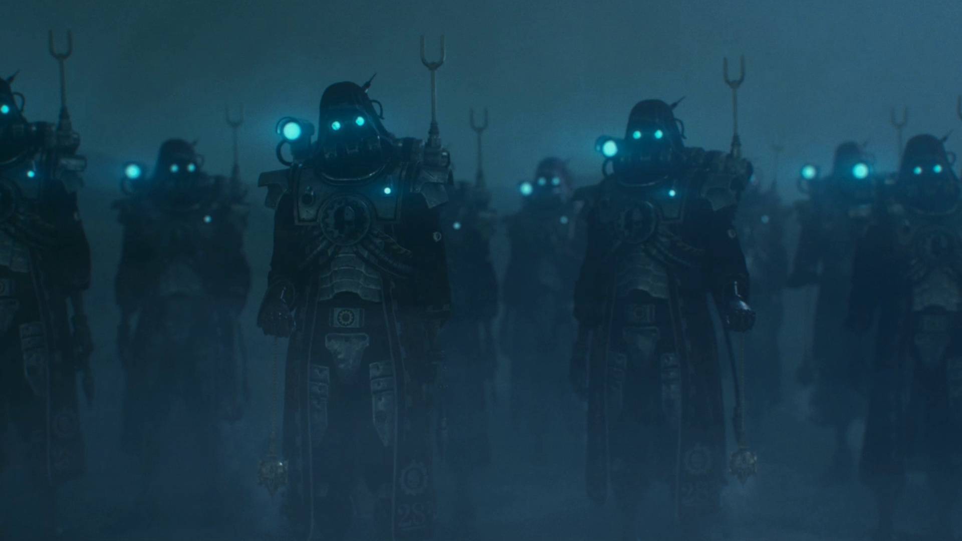Darktide Skitarii warriors looking at camera in cutscene