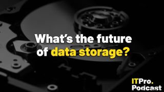 The words ‘What’s the future of data storage?’ overlaid on a lightly-blurred image of a hard disk drive, lit dimly. Decorative: the words ‘data storage?’ are in yellow, while other words are in white. The ITPro podcast logo is in the bottom right corner.