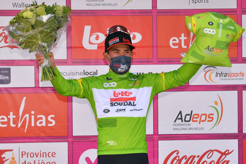 WAVRE BELGIUM AUGUST 17 Podium Caleb Ewan of Australia and Team Lotto Soudal Green Points Jersey Celebration Flowers Covid safety measures during the 41st Tour de Wallonie 2020 Stage 2 a 1723km stage from Frasnes Lez Anvaing to Wavre TourdeWallonie TRW2020 on August 17 2020 in Wavre Belgium Photo by Luc ClaessenGetty Images
