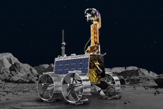 artist's impression of rover on the moon's surface with rocks in behind