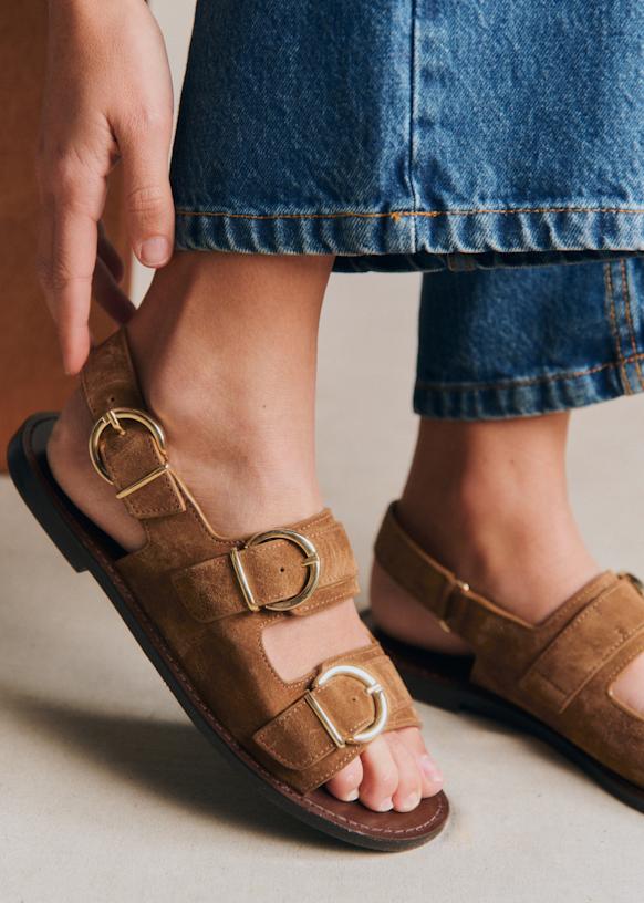 Maia Low Sandals - Taupe Khaki - Split Cowhide Leather - S&amp;eacute;zane