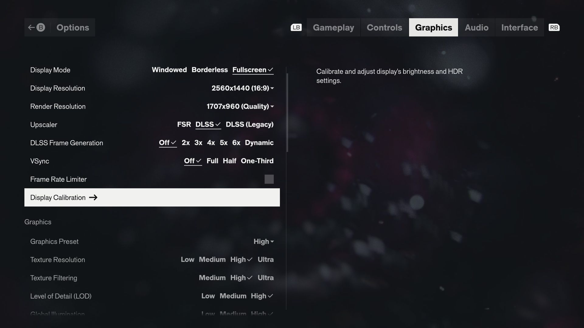 The graphics setting menus for Control Resonant