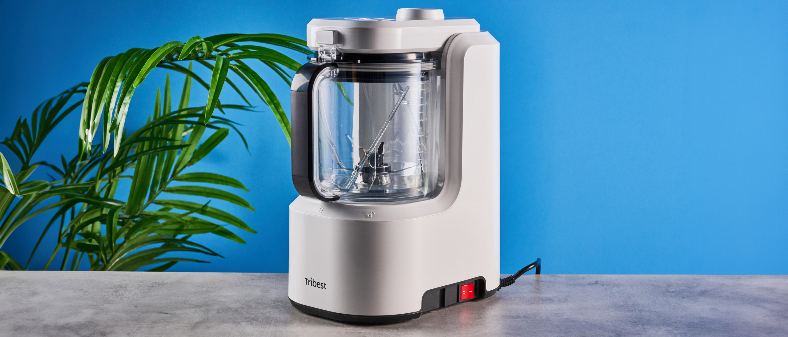  Tribest Backspin Blender photographed in front of a blue background