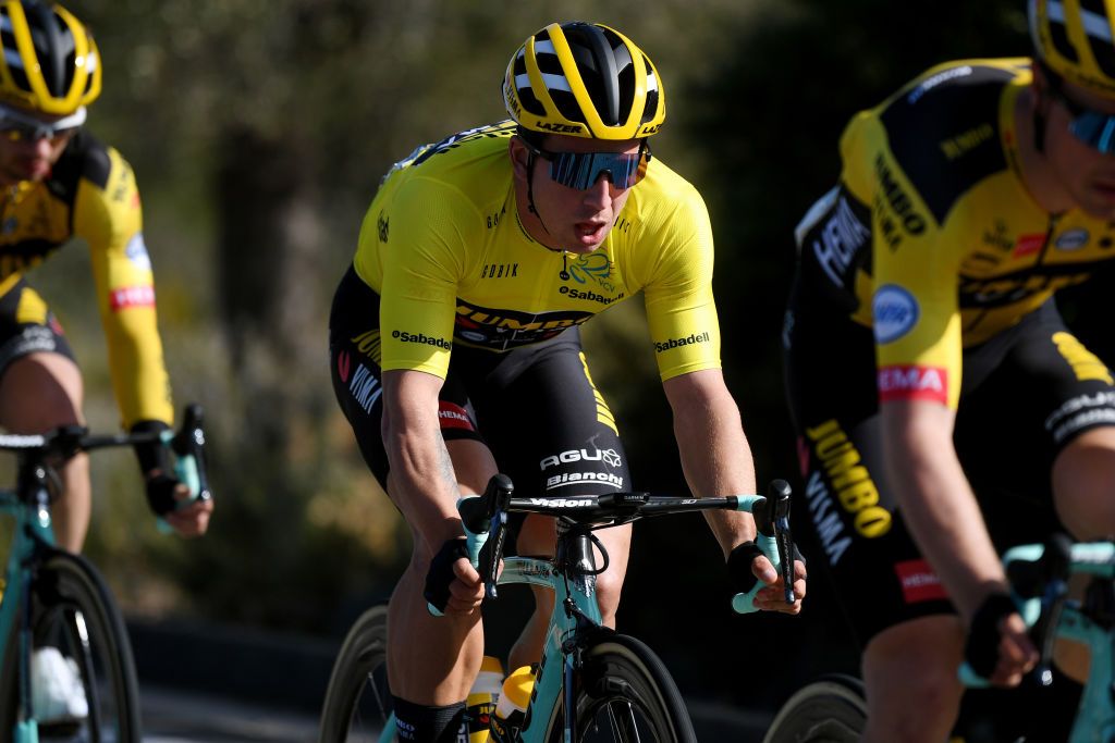 CULLERA SPAIN FEBRUARY 06 Dylan Groenewegen of The Netherlands and Team JumboVisma Yellow Leader Jersey during the 71st Volta a la Comunitat Valenciana 2020 Stage 2 a 181km stage from Torrent to Cullera 181m VueltaCV VCV2020 on February 06 2020 in Cullera Spain Photo by David RamosGetty Images