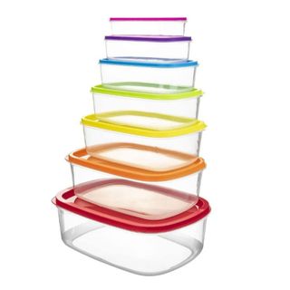 A set of storage containers with rainbow colored lids