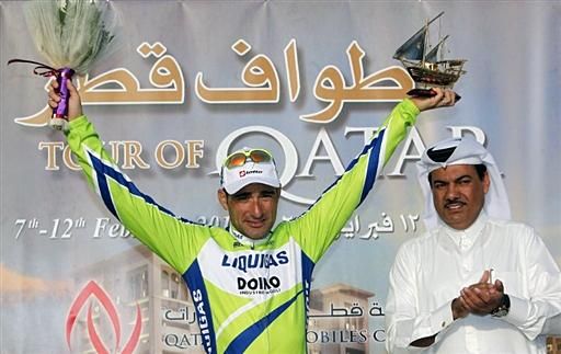 Francesco Chicchi (Liquigas) on the podium after his stage win.