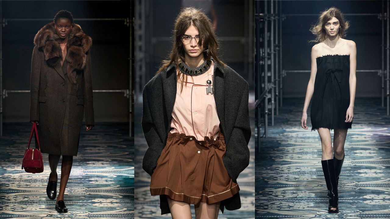 Prada models walk the fall/winter 2025 runway at Milan Fashion Week.