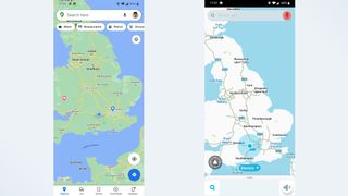 Google Maps vs. Waze featuring a map of UK
