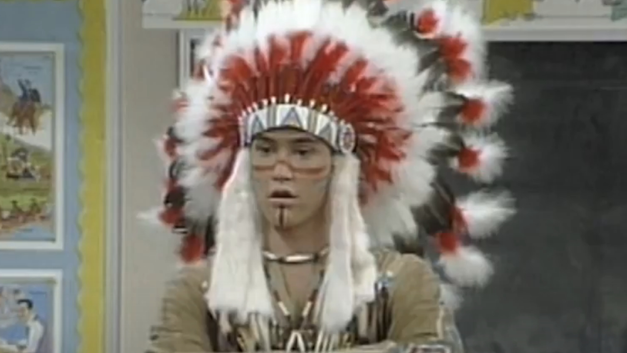 Mark-Paul Gosselaar as Zack Morris dressed as a Native American on Saved by the Bell