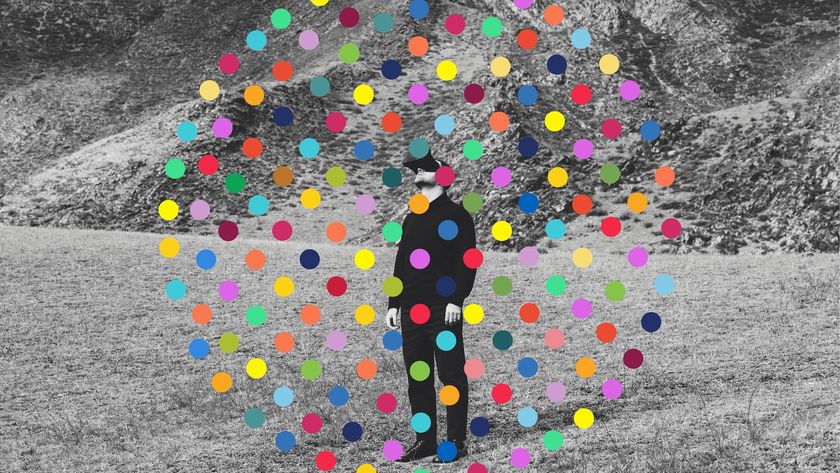a black-and-white photo of a man in a field with colorful dots overlaid