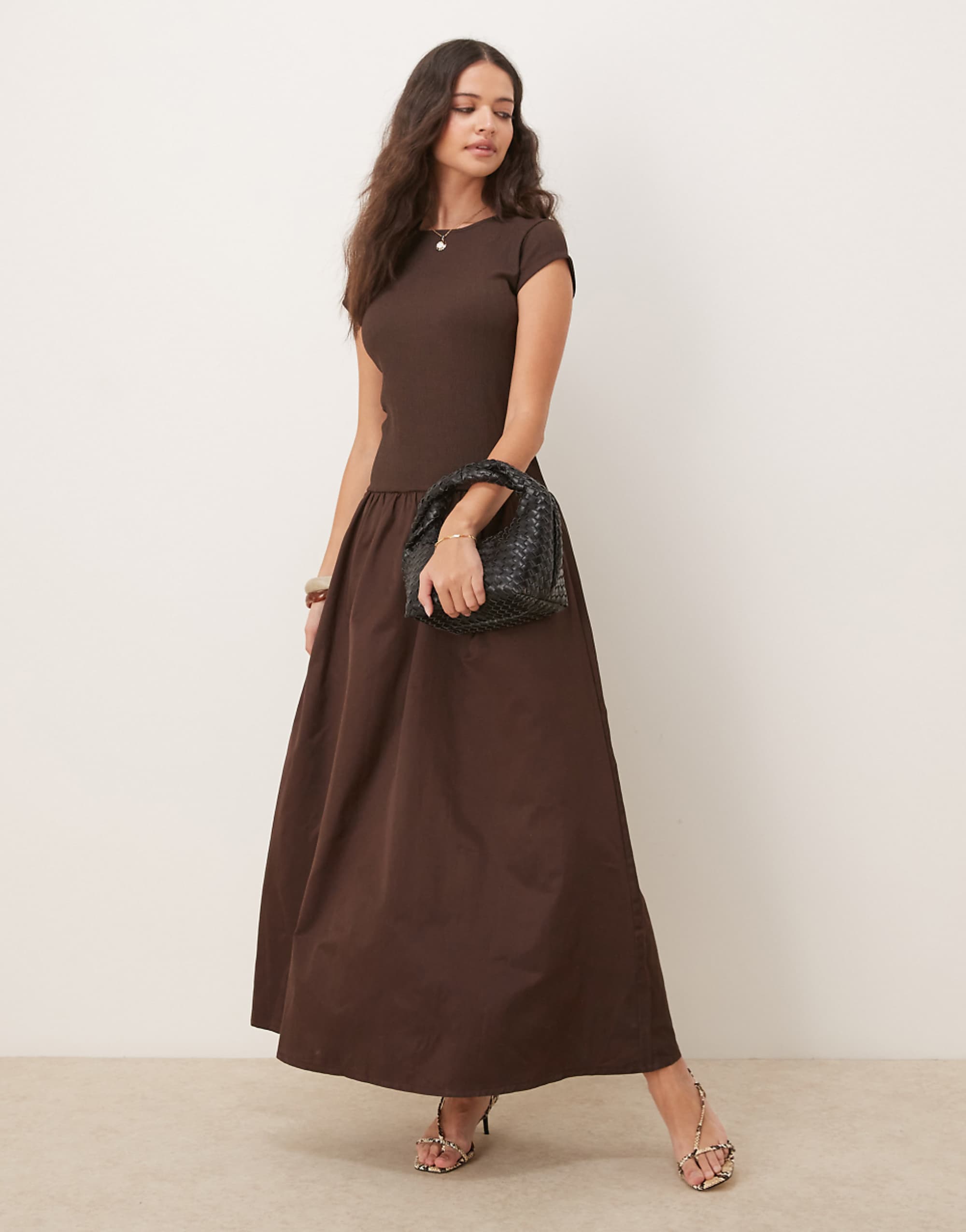Asos Design Texture Mixed Woven Skirt Maxi Dress in Brown