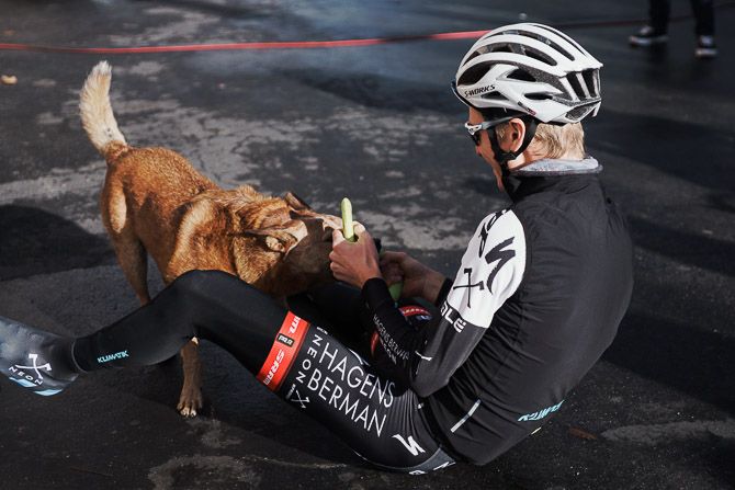 Adrien Costa wasn't the only Axeon Hagens Berman rider who enjoyed the company of the team's unofficial mascot, Max, during training camp in Calabasas, California.