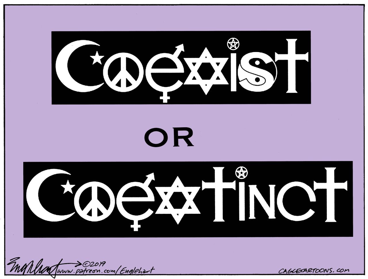 Political Cartoon U.S. Coexist or Go Extinct Religion Racism Trump Peace