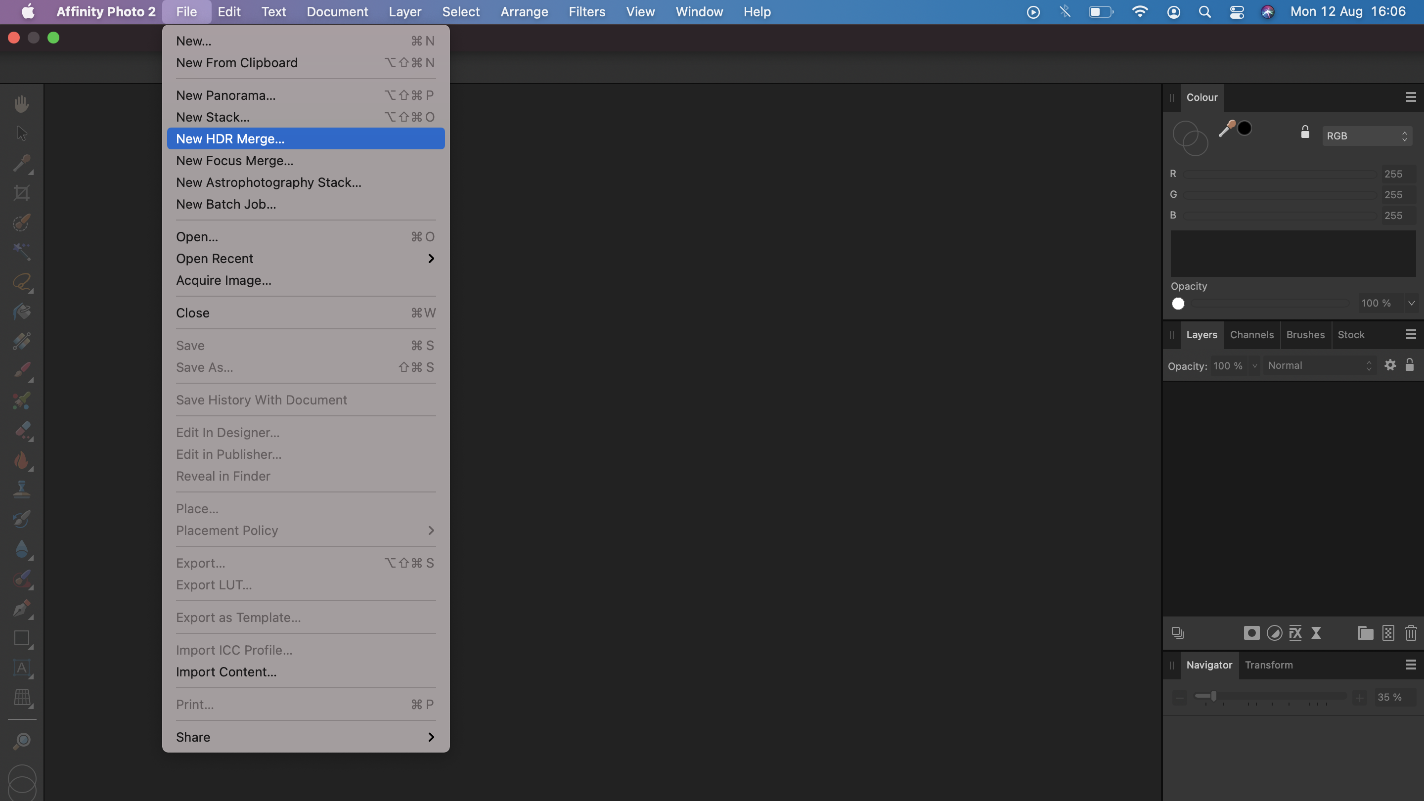 Affinity Photo 2 interface showing the File menu with options like New HDR Merge and Save, on a dark background