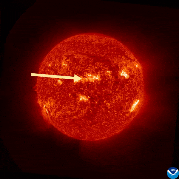 An animation of a large solar flare erupting from the surface of the sun.
