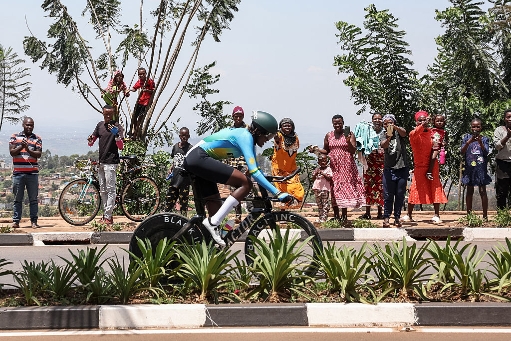 Rwandan rider Xaveline Nirere competes in the women&#039;s Elite Individual Time Trial cycling event during the UCI 2025 Road World Championships, in Kigali, on September 21, 2025. (Photo by Anne-Christine POUJOULAT / AFP)