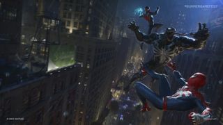 Venom, Miles Morales, and Peter Parker in Marvel's Spider-Man 2