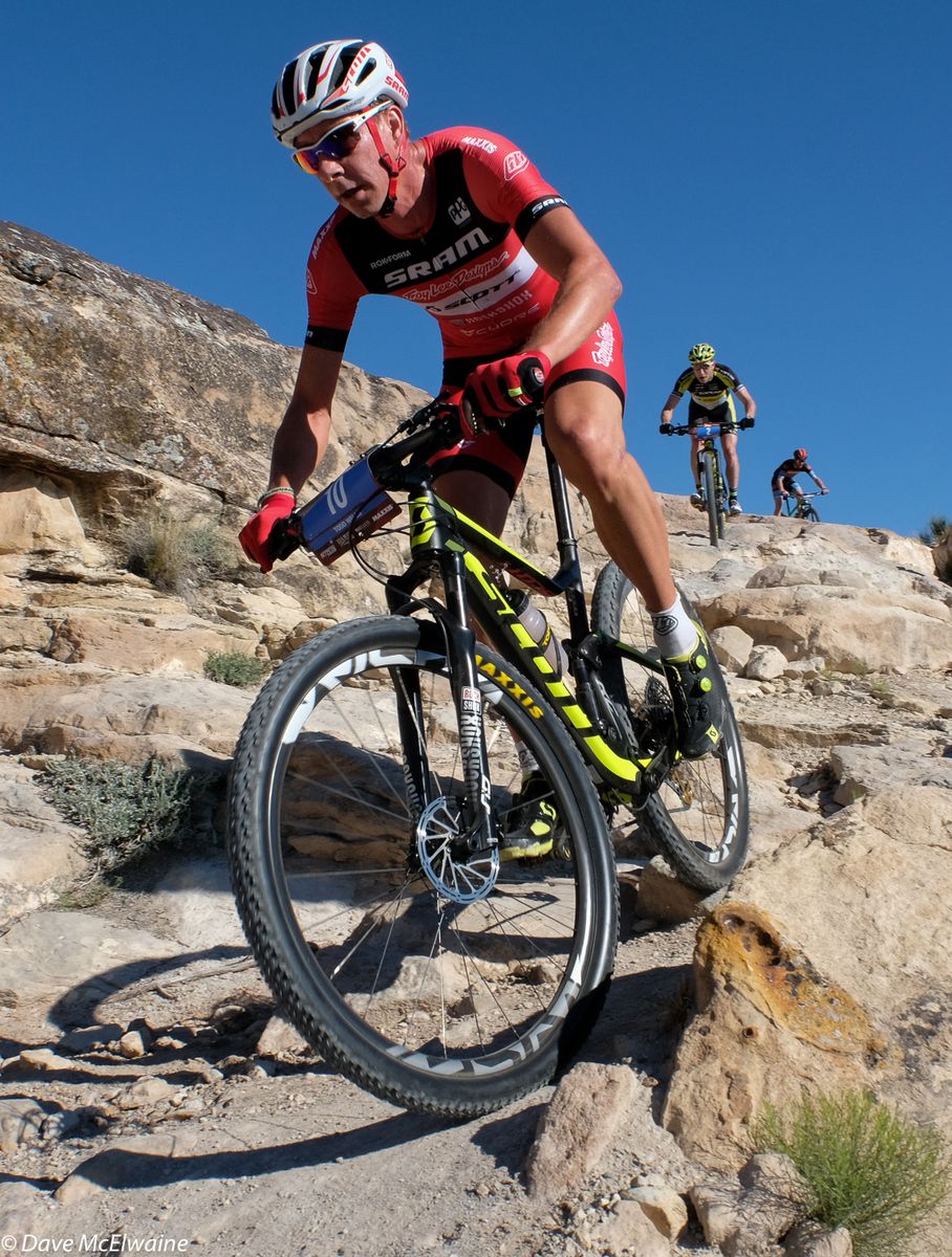 Todd Wells (SRAM TLD) riding outside the top ten early in the race. He later flatted on the Butterknife trail