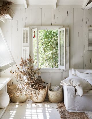 A corner in a living room with dry leaves in a basket