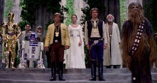 Scene from "Star Wars: A New Hope" showing the ceremony honoring Han Solo and Luke Skywalker.
