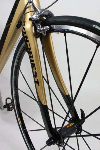 The TF2's full-carbon fork has a more organic shape than the square tube profiles of the frame