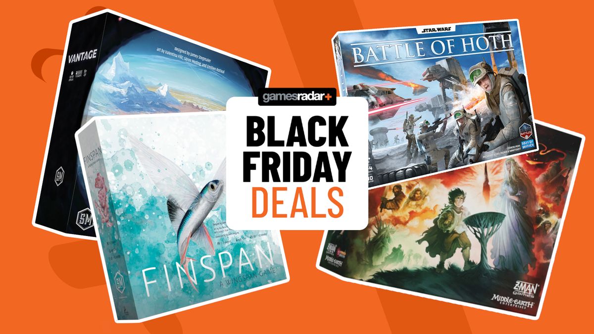 Vantage, Finspan, Battle of Hoth, and Fate of the Fellowship on either side of a GamesRadar+ Black Friday deals badge, all against an orange background