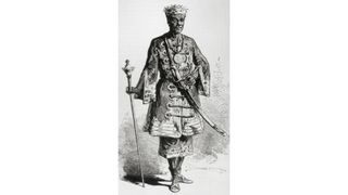 King Ghezo illustration. He stands in a formal coat with a crown, sword and scepter.