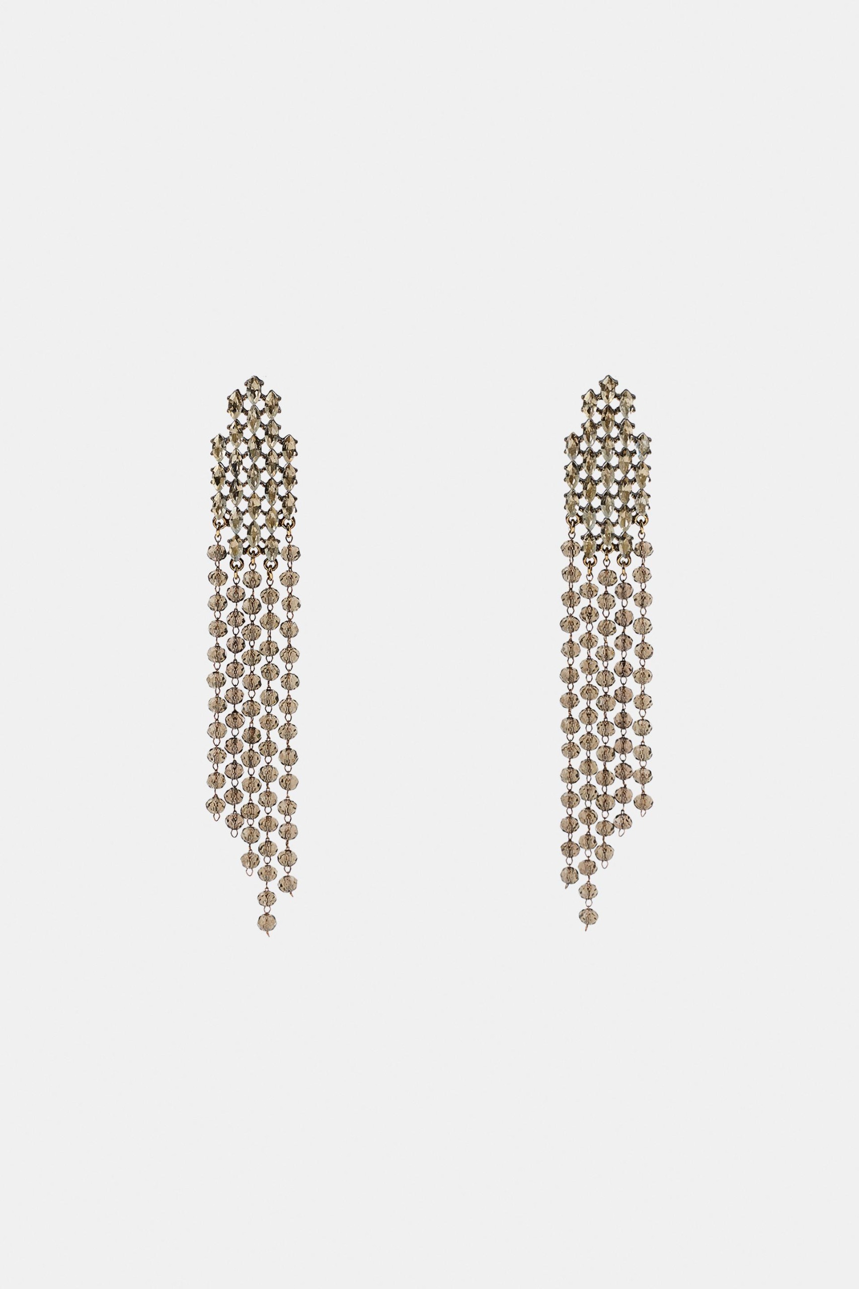 Rhinestone Fringe Earrings - Silver - M