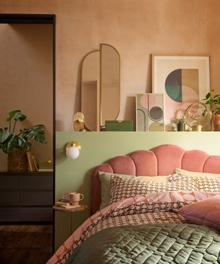 Citrine Bedroom with pink velvet headboard, gallery wall shelf, wall lights as bedside lighting - Habitat