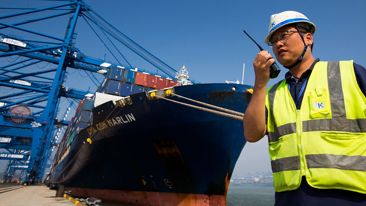 Ship at a container terminal in Busan, South Korea. 