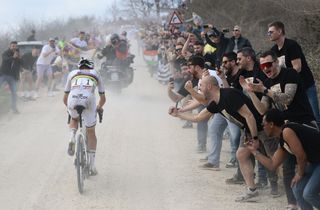 SIENA ITALY MARCH 08 Tadej Pogacar of Slovenia and UAE Team EmiratesXRG competes in the breakaway during the 19th Strade Bianche 2025 Mens Elite a 213km one day race from Siena to Siena 320m UCIWT on March 08 2025 in Siena Italy Photo by Luca Bettini PoolGetty Images