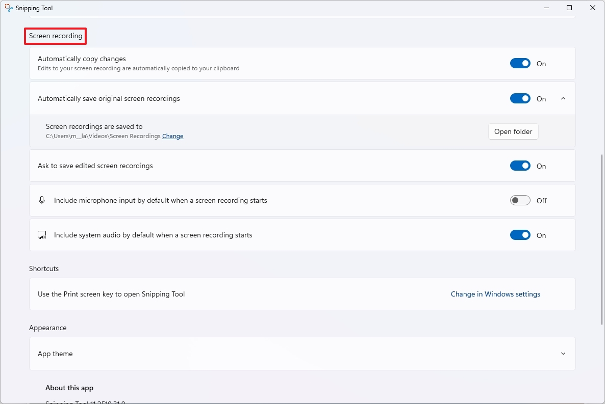 Screen Recording Snipping Tool settings