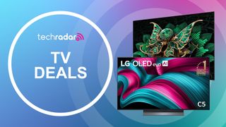 TCL C7K and LG C5 on a blue/pink background with "TV DEALS" text in a white circle.