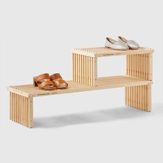 Natural wood tiered shoe storage