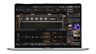 A MacBook with IK Multimedia's AmpliTube 5 guitar plugin running on it