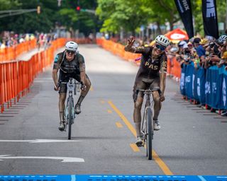 Tobias Kongstad of Denmark outsprints Piotr Havik of the Netherlands for third place at 2024 Unbound Gravel 200