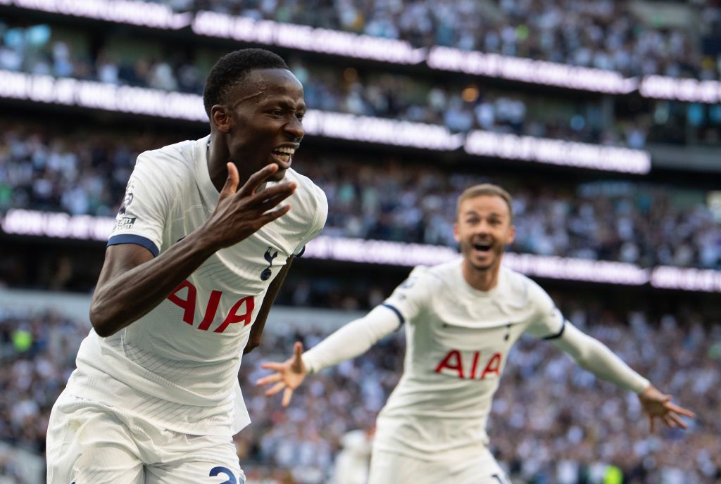 Burnley vs Tottenham live stream Pape Matar Sarr of Tottenham Hotspur celebrates scoring during the Premier League match between Tottenham Hotspur and Manchester United at Tottenham Hotspur Stadium on August 19, 2023 in London, England. (Photo by Visionhaus/Getty Images)